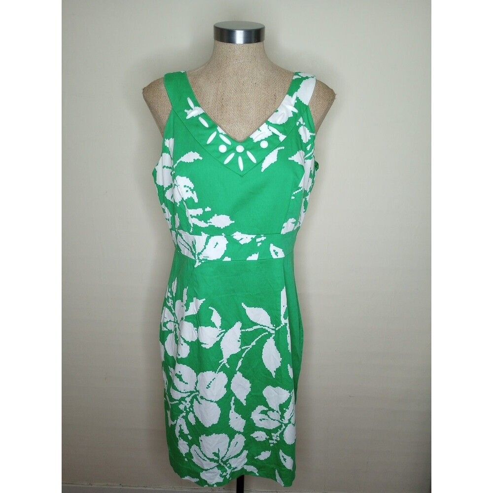 Studio I Dress Womens Sz 12 White and Green Print Sleeveless Embellished Jewel